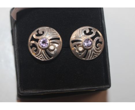 A pair of Celtic shield Sterling silver and amethyst ear-rings 