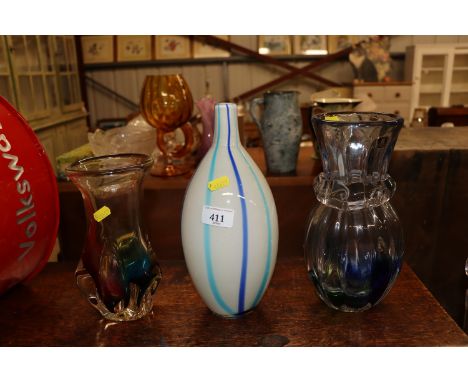 Three coloured Art Glass vases 