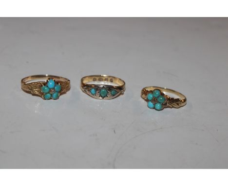 An 18ct gold ring set with three turquoise stones, ring size J/K, approx. 1.6gms; a yellow metal turquoise set ring, ring siz