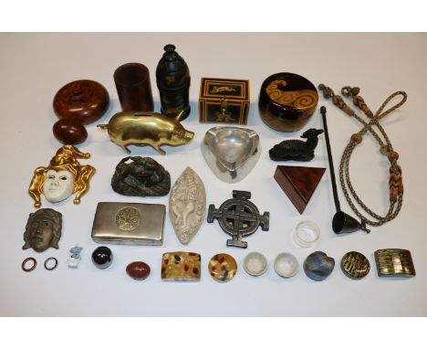 A box of miscellaneous items to include brass money box, burr wood trinket boxes, candle snuffer, bronzed figure group