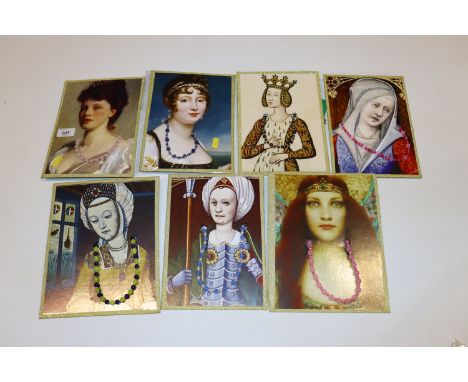 Seven necklaces mounted to boards decorated with portraits to include a 9ct gold Ethiopian opal glass example