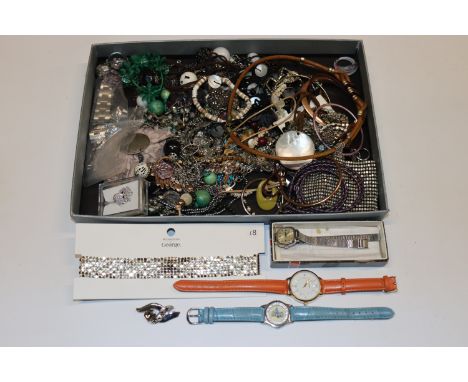 A box of costume jewellery and a stainless steel Rolex watch strap 