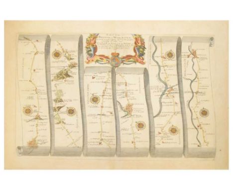 John Ogilby 'Bristoll [Bristol] to Worcester', 18th Century engraved hand-coloured ribbon map, 31cm x 45cm, unframed