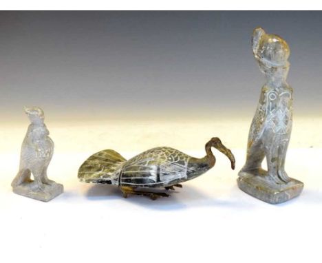 Two Egyptian soapstone 'Horus' bird God figures, tallest 17cm high, together with a soapstone bird, 16cm long 