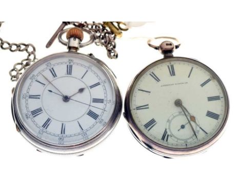 American Watch Co silver cased pocket watch, 51mm approx, together with a silver cased chronograph pocket watch, 54mm approx,