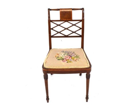 Inlaid occasional chair in the Regency taste, with lattice back on tapestry seat