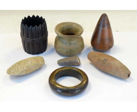 Small group of antiquities and ethnographic collectables, to include a primitive vessel, bangle, small axe head or flint, etc