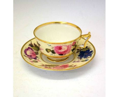 Early 19th Century Flight, Barr &amp; Barr (Worcester) cup and saucer, gilded and painted with flowers and foliage in the man