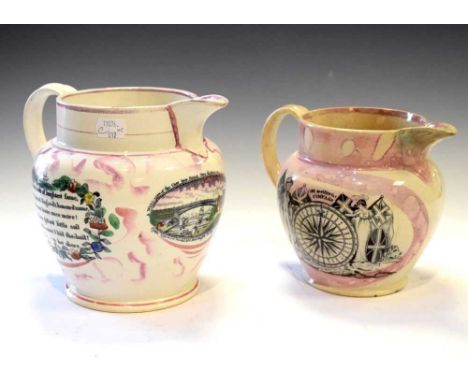 Two 19th Century Sunderland puce lustre pottery jugs, both printed with 'The Mariner's Compass', the larger also with a view 