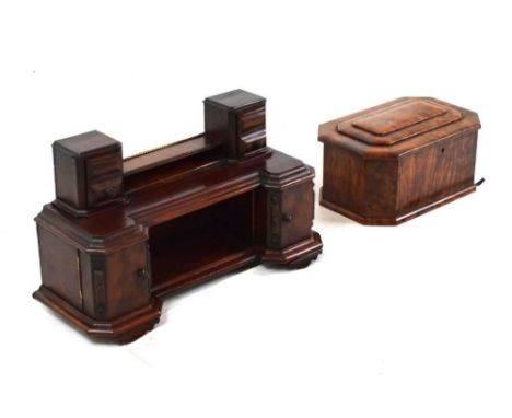 Miniature mahogany shop counter (41.5cm wide), together with a burr yew caddy 