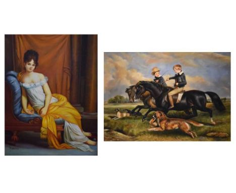 Two reproduction oil paintings - D. Goetz - Portrait of a lady (40cm x 29cm) &amp; Hunting scene (29cm x 39cm), both gilt fra