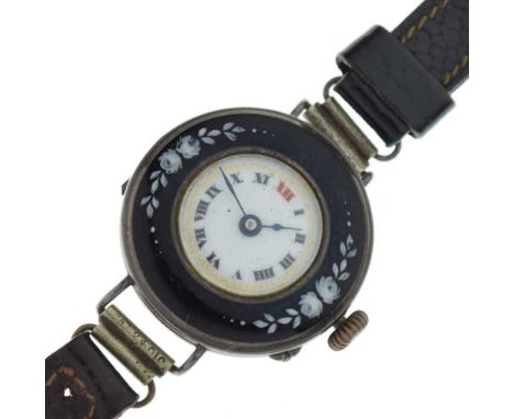 Lady's silver cased wristwatch with Swiss manual wind movement and enamel bezel, 29mm (ex. crown), leather strap
