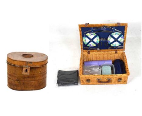 Wicker picnic hamper (51cm x 37cm x 21cm), together with a vintage metal hat box (26cm high)