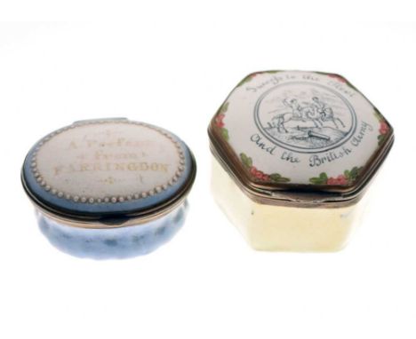 Two enamel Bilston-type boxes, the first hexagonal, with vignette of two mounted cavalrymen, encircled by 'Success to the Fle