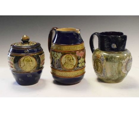 Three Doulton Lambeth stoneware Royal commemorative items, comprising Edward VII and Queen Alexandra 1902 Coronation jug with