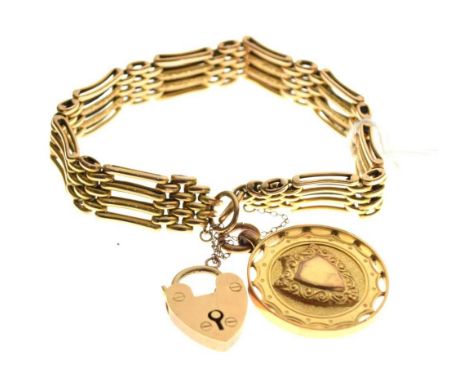 Yellow metal gate-link bracelet, the padlock stamped '15c', plus a 9ct gold fob, inscription dated 1928, 24.4g gross approx