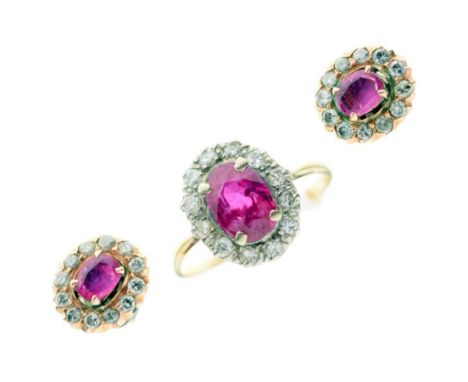 Yellow metal, ruby, and diamond cluster ring, size O, and a pair of similar ear studs, 5.7g gross approx