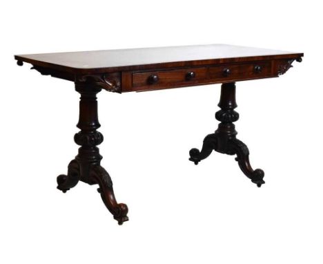 Victorian sofa table with rosewood top, with carved supports, 136cm x 70cm x 73cm high 