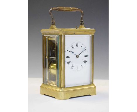 Brass repeater carriage clock, circa 1900, with white Roman dial, two-train movement with lever platform escapement, stamped 