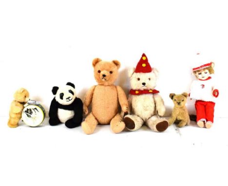 Vintage toys to include bear with drum, doll, teddy bears, the tallest 52cm long