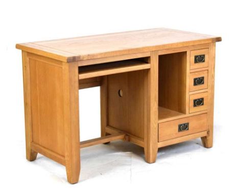 Modern light oak dressing table/ desk fitted with three small side drawers and one long, 132cm x 67cm x 84cm high