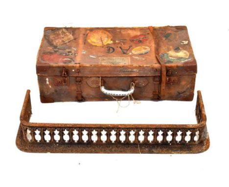 Vintage brown suitcase with travel stickers for; Hotel Petra, Swissair, Amman Club Hotel, etc. (75cm wide), together with a c