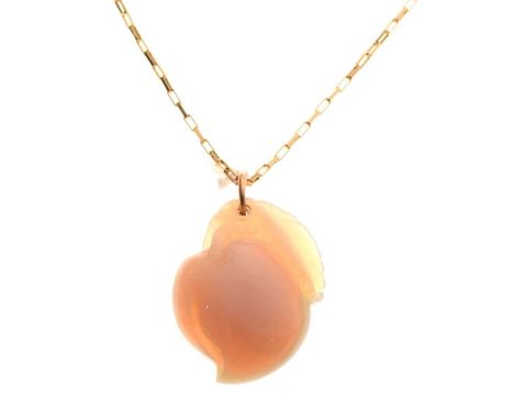 Chinese carved white hardstone (possibly jade) peach pendant on a 9ct gold fine-link chain, 49.5cm long approx