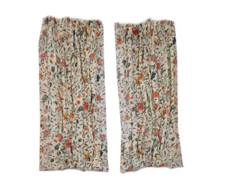 Pair of lined and inter-lined curtains, decorated with Birds of Paradise on a cream ground, 210cm drop, each panel 185cm wide