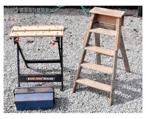 Wooden step ladder, toolbox and workmate 