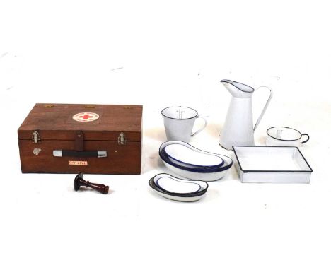 Vintage wooden cased 'British Red Cross Society' First Aid box, together with a quantity of enamel dishes, etc.