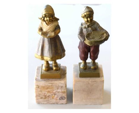 Pair of Dutch-style gilt figures on marble bases, 19cm high