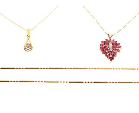 Diamond pendant and fine chain, diamond and ruby pendant and fine chain, and two fine chains, 11.3g gross approx