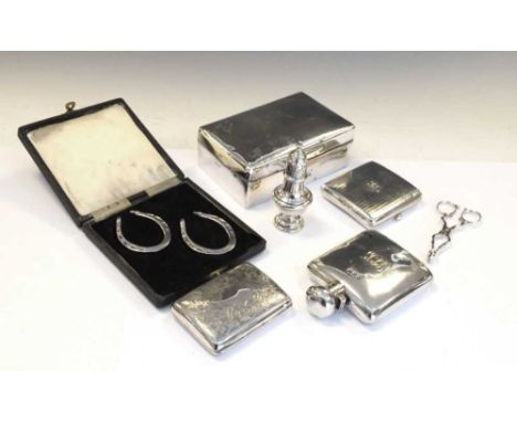 Seven pieces of small silver to include Victorian hip flask, Birmingham 1895, 11.5cm high, pair of George V sugar nips, Birmi