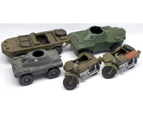 Cherilea and Similar Action Man vintage group of loose/unboxed vehicles including (1) Amphibious Jeep; (2) (x 2) Motorcycle a