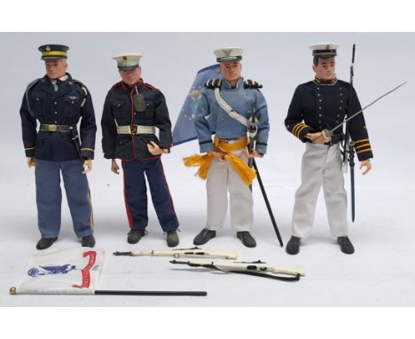 Palitoy Action Man vintage group of Action Figures, wearing modern 'Anniversary' (or similar) GI Joe uniforms and accessories