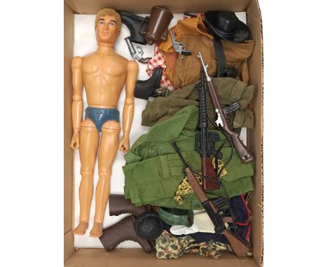 Palitoy Action Man vintage, unboxed group to include undressed eagle eyed, gripping hands figure plus various accessories inc