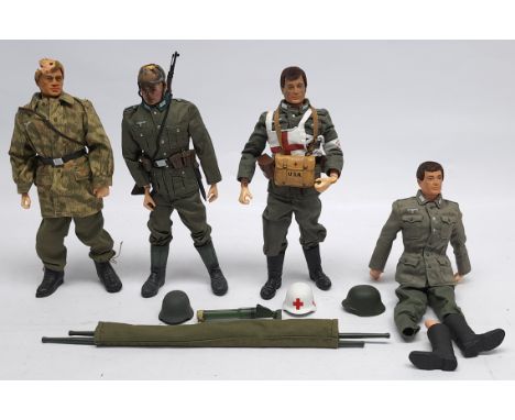 Palitoy Action Man vintage group of Action Figures, wearing 'kitbashed' Dragon (or similar) German Forces uniforms and access