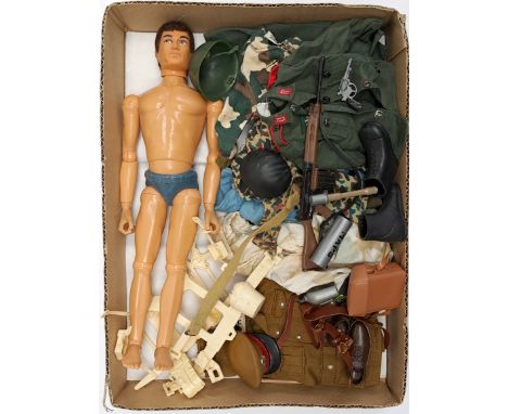 Palitoy Action Man vintage, unboxed group to include undressed eagle eyed, gripping hands figure plus various accessories inc