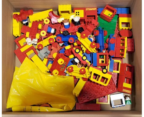 Box Of Loose Duplo with vintage figures (lot also includes Lego carrier bag); Conditions generally Good to Good Plus (see ima