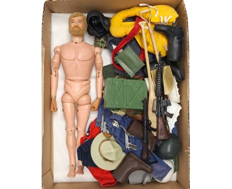 Palitoy Action Man vintage, unboxed group to include undressed flock head, gripping hands figure (may have reproduction hands