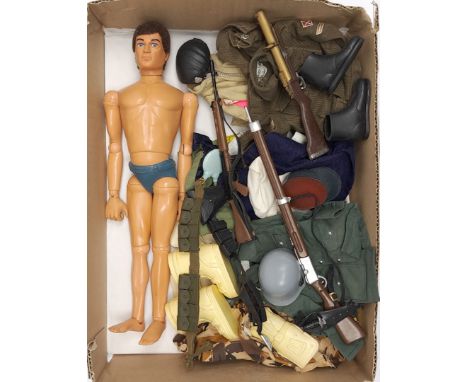 Palitoy Action Man vintage, unboxed group to include undressed eagle eyed, gripping hands figure plus various accessories inc