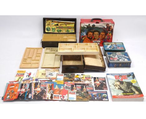 Action Man/GI Joe (or similar), storage boxes (EMPTY), 'Anniversary Issue' - leaflets, catalogues, ephemera, and GI Joe - the