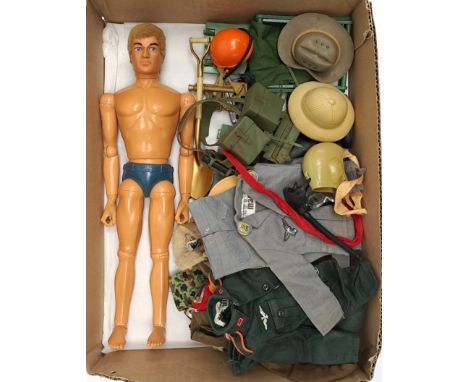 Palitoy Action Man vintage, unboxed group to include undressed eagle eyed, gripping hands figure plus various accessories inc