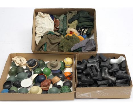 Palitoy Action Man vintage, a quantity of loose various part outfits, helmets/hats, boots - generally Fair - see photo (May c