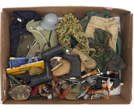 Action Man and Similar loose clothing/accessories to include guns, various part outfits, helmets/hats plus others - see photo