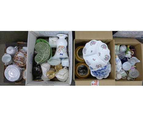 Four boxes of china and glass including a Noritake tea set, Mason's ginger jar, other bone china teawares, Adderley figure, e