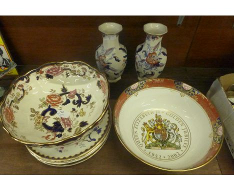 Mason's Ironstone; a pair of Cathay vases, a Mandalay fruit bowl, five limited edition plates and a limited edition Royal Wor
