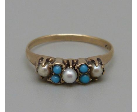 A circa 1900 10k gold, turquoise and pearl set ring, 1.7g, K 