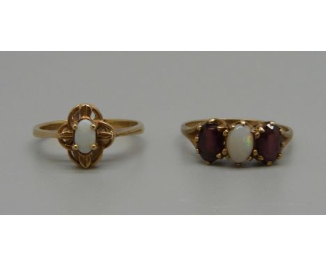 Two 9ct gold rings, one set with opal and garnet and one set with opal, 3.5g, N and K 