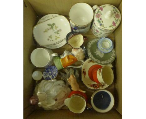 Decorative china including a Francesca Art china figure, a Royal Doulton character jug, a Worcester candlestick and mug, a We